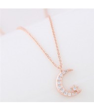 Moon and Shining Star Pendant Long Chain Fashion Necklace - Golden