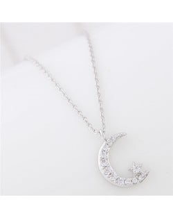 Moon and Shining Star Pendant Long Chain Fashion Necklace - Silver