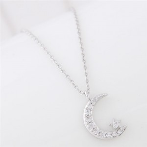 Moon and Shining Star Pendant Long Chain Fashion Necklace - Silver