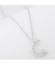 Moon and Shining Star Pendant Long Chain Fashion Necklace - Silver