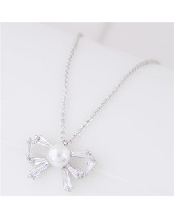 Pearl Inalid Cubic Zirconia Cute Bowknot Pendant Long Chain Fashion Necklace - Silver