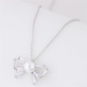 Pearl Inalid Cubic Zirconia Cute Bowknot Pendant Long Chain Fashion Necklace - Silver