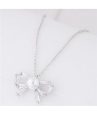 Pearl Inalid Cubic Zirconia Cute Bowknot Pendant Long Chain Fashion Necklace - Silver