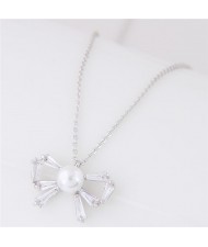 Pearl Inalid Cubic Zirconia Cute Bowknot Pendant Long Chain Fashion Necklace - Silver