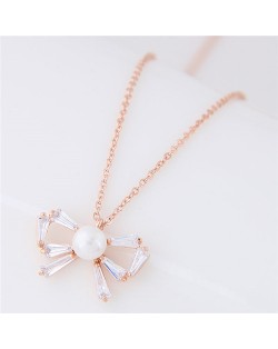 Pearl Inalid Cubic Zirconia Cute Bowknot Pendant Long Chain Fashion Necklace - Golden