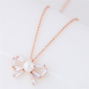 Pearl Inalid Cubic Zirconia Cute Bowknot Pendant Long Chain Fashion Necklace - Golden