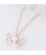 Pearl Inalid Cubic Zirconia Cute Bowknot Pendant Long Chain Fashion Necklace - Golden