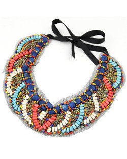 Wooden Mini Beads Mingled Curves Pattern Collar Fashion Necklace