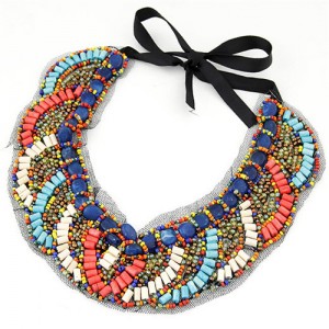 Wooden Mini Beads Mingled Curves Pattern Collar Fashion Necklace