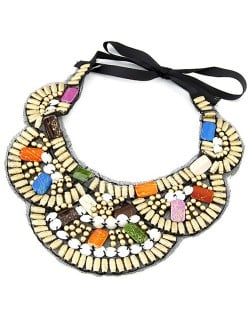 Colorful Precious Gems Inlaid Design Wooden Beads Fashion Collar Necklace