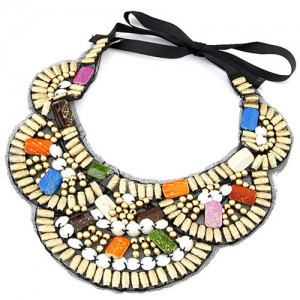 Colorful Precious Gems Inlaid Design Wooden Beads Fashion Collar Necklace