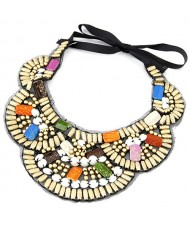 Colorful Precious Gems Inlaid Design Wooden Beads Fashion Collar Necklace