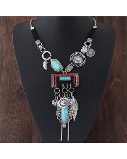 Folk Style Resin Gem Inlaid Multiple Elements Pendants Design Statement Fashion Necklace - Silver