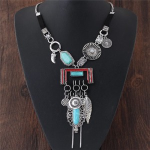 Folk Style Resin Gem Inlaid Multiple Elements Pendants Design Statement Fashion Necklace - Silver