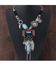 Folk Style Resin Gem Inlaid Multiple Elements Pendants Design Statement Fashion Necklace - Silver