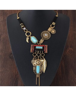 Folk Style Resin Gem Inlaid Multiple Elements Pendants Design Statement Fashion Necklace - Golden