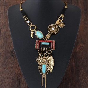 Folk Style Resin Gem Inlaid Multiple Elements Pendants Design Statement Fashion Necklace - Golden