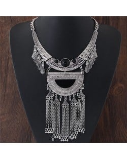 Ancient Engravings Arch and Tassel Chain Design Alloy Statement Fashion Necklace - Silver