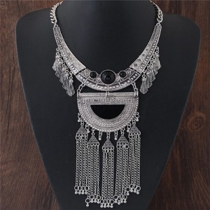 Ancient Engravings Arch and Tassel Chain Design Alloy Statement Fashion Necklace - Silver