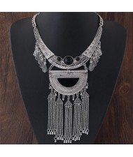 Ancient Engravings Arch and Tassel Chain Design Alloy Statement Fashion Necklace - Silver