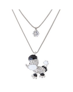 Rhinestone and Cubic Zirconia Embellished Poodle Dog Pendant Dual Layer Long Fashion Necklace