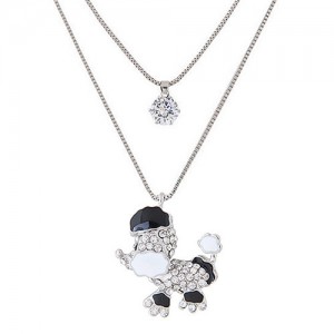 Rhinestone and Cubic Zirconia Embellished Poodle Dog Pendant Dual Layer Long Fashion Necklace