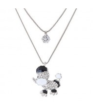 Rhinestone and Cubic Zirconia Embellished Poodle Dog Pendant Dual Layer Long Fashion Necklace
