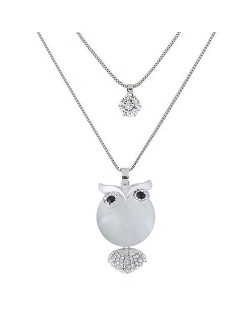 Rhinestone and Cubic Zirconia Embellished Cute Opal Fish Pendant Dual Layers Long Fashion Necklace