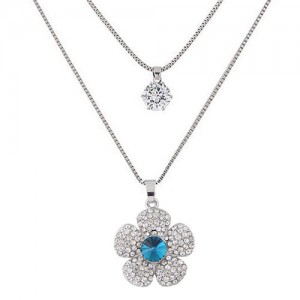 Korean Fashion Sweet Shining Flower Pendant Two Layers Long Costume Necklace
