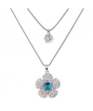 Korean Fashion Sweet Shining Flower Pendant Two Layers Long Costume Necklace