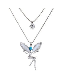Rhinestone and Cubic Zirconia Embellished Sweet Flying Angel Dual Layers Long Fashion Necklace