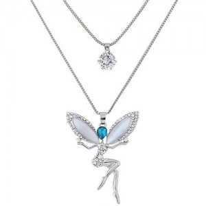 Rhinestone and Cubic Zirconia Embellished Sweet Flying Angel Dual Layers Long Fashion Necklace