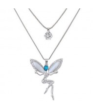 Rhinestone and Cubic Zirconia Embellished Sweet Flying Angel Dual Layers Long Fashion Necklace