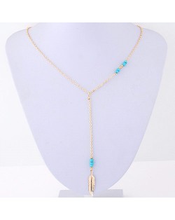 Beads Decorated Golden Leaf Pendant Slim Fashion Necklace