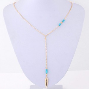 Beads Decorated Golden Leaf Pendant Slim Fashion Necklace