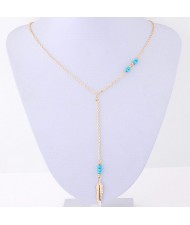Beads Decorated Golden Leaf Pendant Slim Fashion Necklace