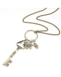 Vintage Fashion Hollow Key and Flower Pendants Long Costume Necklace