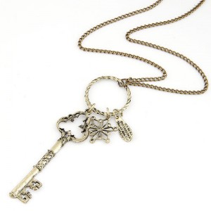 Vintage Fashion Hollow Key and Flower Pendants Long Costume Necklace