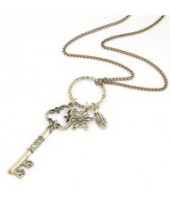 Vintage Fashion Hollow Key and Flower Pendants Long Costume Necklace