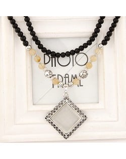 Vintage Square Gem Pendant Opal and Black Beads Design Costume Necklace