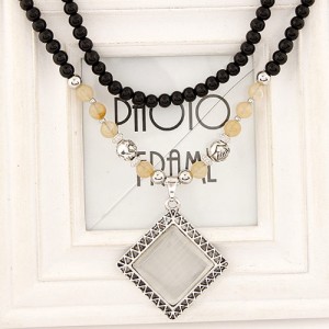 Vintage Square Gem Pendant Opal and Black Beads Design Costume Necklace