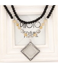 Vintage Square Gem Pendant Opal and Black Beads Design Costume Necklace