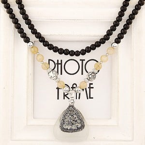 Hollow Vintage Spiral Vines Pattern Triangle with Opal Pendant Beads Necklace