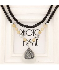 Hollow Vintage Spiral Vines Pattern Triangle with Opal Pendant Beads Necklace