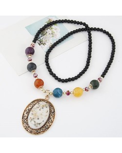Vintage Hollow Vine Rimmed Gem Pendant Colorful Beads Decorated Long Fashion Necklace
