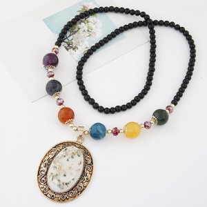 Vintage Hollow Vine Rimmed Gem Pendant Colorful Beads Decorated Long Fashion Necklace