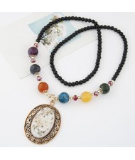 Vintage Hollow Vine Rimmed Gem Pendant Colorful Beads Decorated Long Fashion Necklace