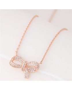 Cubic Zirconia Inlaid Elegant Korean Fashion Bowknot Pendant Necklace - Golden