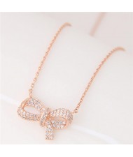 Cubic Zirconia Inlaid Elegant Korean Fashion Bowknot Pendant Necklace - Golden