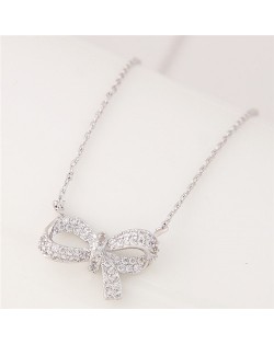 Cubic Zirconia Inlaid Elegant Korean Fashion Bowknot Pendant Necklace - Silver